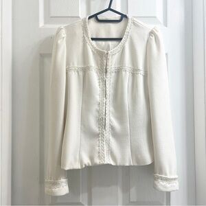 Elegant Parisian Ivory Cream White Bouclé Lined Blazer Jacket Coat Lace Trim